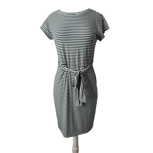 Merokeety Women's S Boho Green White Stripe T Shirt Stretch Dress Pockets Travel - Picture 1 of 11